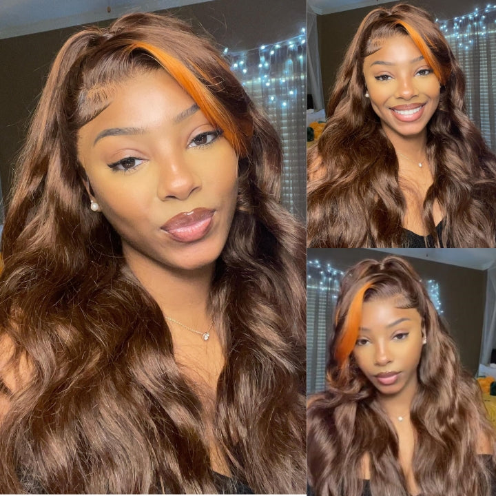 Money Piece Ginger Body Wave HD Transparent Lace Front Wigs Glueless Skunk Stripe Orange Human Hair Wigs-GeetaHair