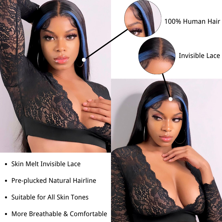 Funky Colored Wigs | Money Piece Highlight Blue 13x4/4x4 Transparent Lace Front Wig Skunk Stripe Straight/Body Wave Lace Color Human Hair Wigs-Geeta Hair