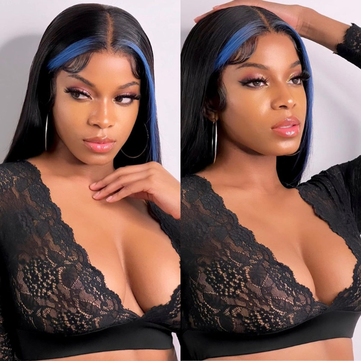 Funky Colored Wigs | Money Piece Highlight Blue 13x4/4x4 Transparent Lace Front Wig Skunk Stripe Straight/Body Wave Lace Color Human Hair Wigs-Geeta Hair