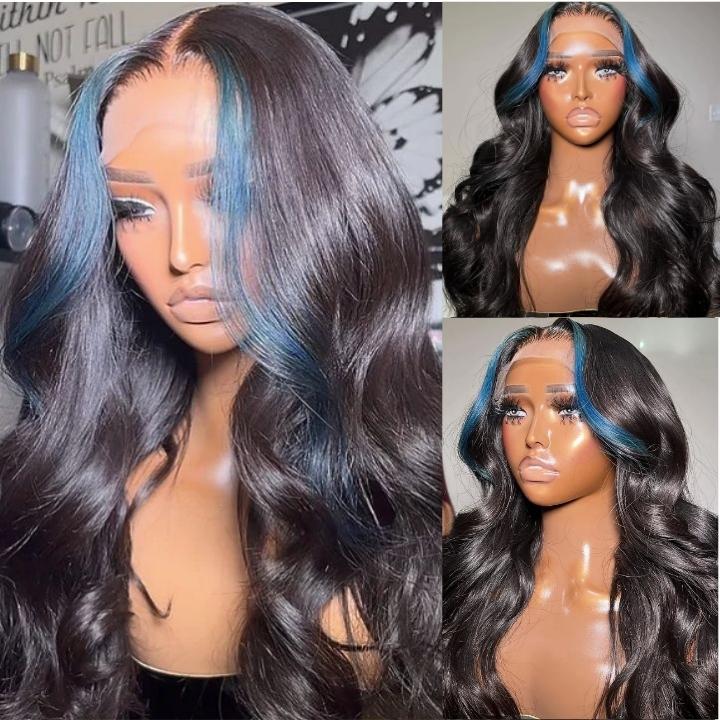 Funky Colored Wigs | Money Piece Highlight Blue 13x4/4x4 Transparent Lace Front Wig Skunk Stripe Straight/Body Wave Lace Color Human Hair Wigs-Geeta Hair