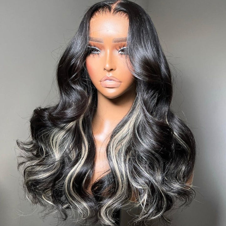Funky Colored Wigs | Glueless 13x4/6x4.5 Money Piece Light Blonde Mix Black Body Wave Pre Cut HD Transaparent Lace Human Hair Wigs With Breathable Cap Highlights Air Wig-Geeta Hair