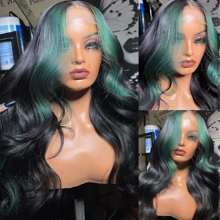 Funky Colored Wigs | Glueless 13x4/6x4.5 Money Piece Mint Green Body Wave HD Transaparent Pre Cut Lace Human Hair Wigs With Breathable Cap Skunk Stripe Air Wig-Geeta Hair