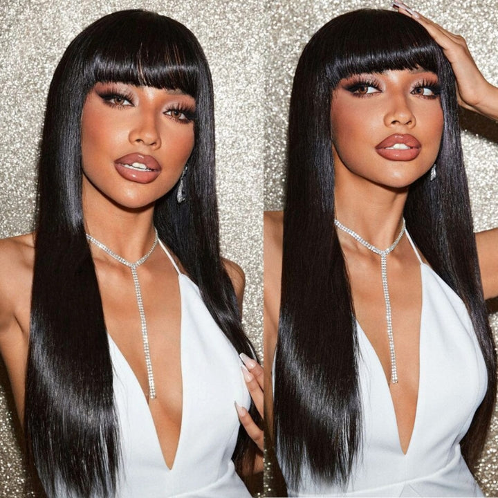 Buy 1 Get 1 Free: Long Straight Hair With Bangs Natural Black Hair Wig - Flash Sale