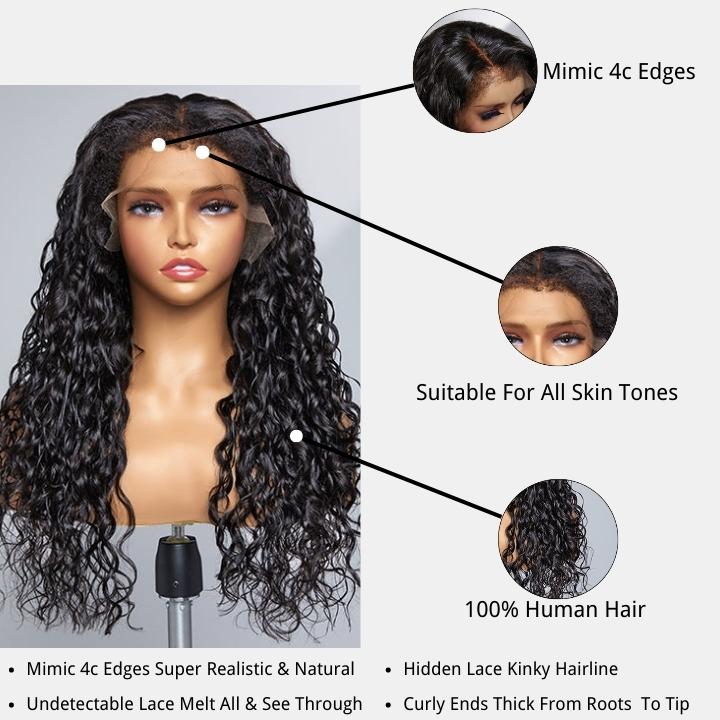 Type 4C Natural Edges Water Wave Free Parting 13x4 Invisible Lace Front Wig With Kinky Baby Hairline-Geeta Hair