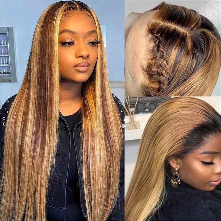 Long Straight Hair Honey Blonde Highlights T Part  Lace Front Wig Pre Plucked With Baby Hair 100% Virgin Humam Hair Wig-Geeta Hair