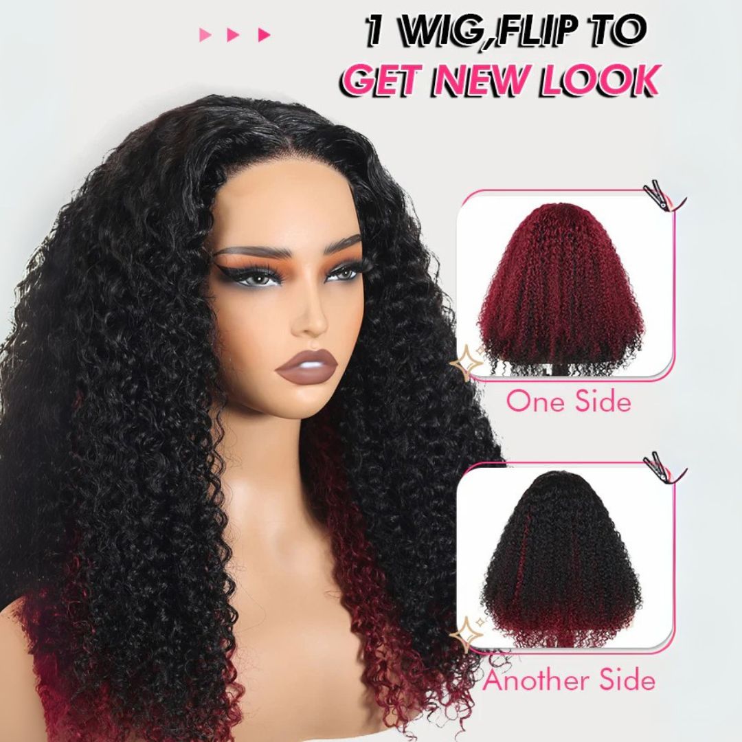 New Dual Sided 2 In 1 Wig Resilient Curly Natural Color &  99J Burgundy Glueless Wig Flip & Go Fast Transformation Human Hair Wigs