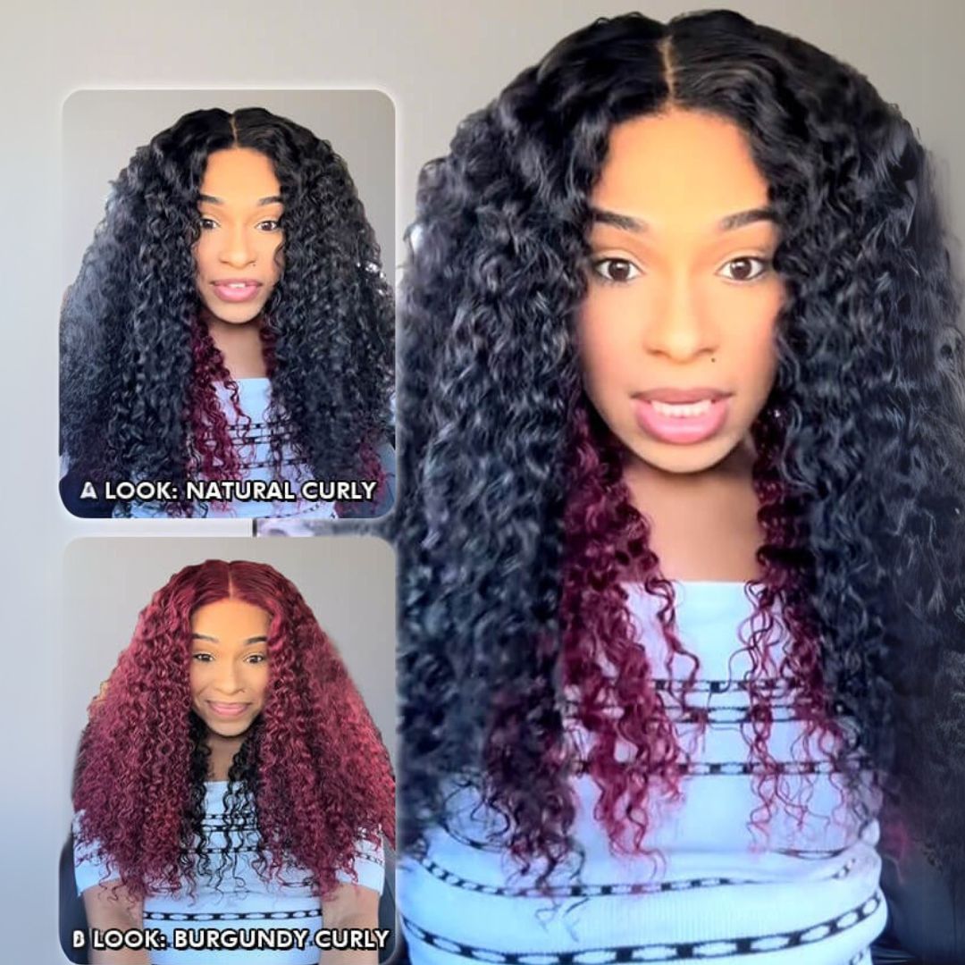 New Dual Sided 2 In 1 Wig Resilient Curly Natural Color &  99J Burgundy Glueless Wig Flip & Go Fast Transformation Human Hair Wigs