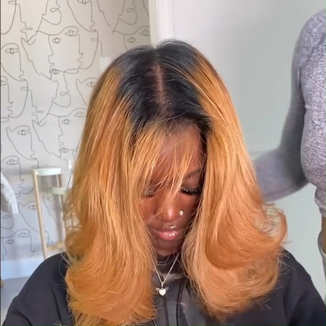 Ombre 1B/27 Glueless Wigs Natural Straight 13x4 Lace Front Human Hair Wigs Blonde Colored with Dark Roots Bob Wigs No Code Needed