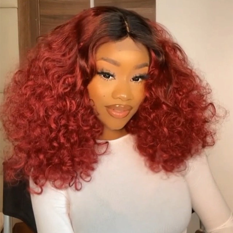 Ombre 1B/Red Lace Front Wigs Human Hair Bouncy Curly Wave Lace Front Wig Pre Plucked 180% Density Glueless Lace Front Curly Human Hair Wigs