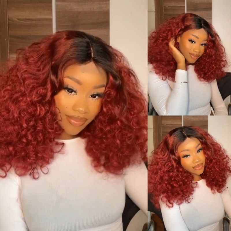 Ombre 1B/Red Lace Front Wigs Human Hair Bouncy Curly Wave Lace Front Wig Pre Plucked 180% Density Glueless Lace Front Curly Human Hair Wigs