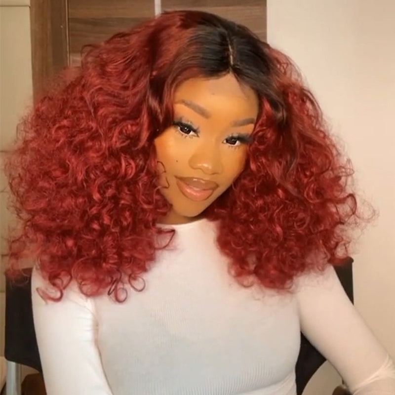 Ombre 1B/Red Lace Front Wigs Human Hair Bouncy Curly Wave Lace Front Wig Pre Plucked 180% Density Glueless Lace Front Curly Human Hair Wigs