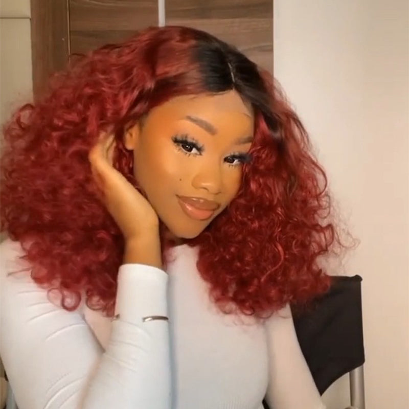 Ombre 1B/Red Lace Front Wigs Human Hair Bouncy Curly Wave Lace Front Wig Pre Plucked 180% Density Glueless Lace Front Curly Human Hair Wigs