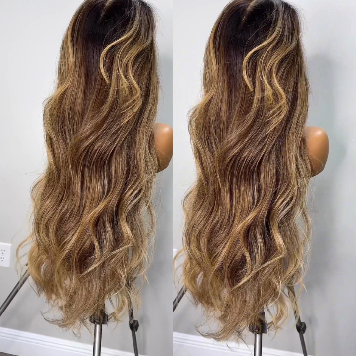 Highlight Blonde Color Long Wavy Human Hair Wigs Ombre Blonde Balayage Lace Front Wigs