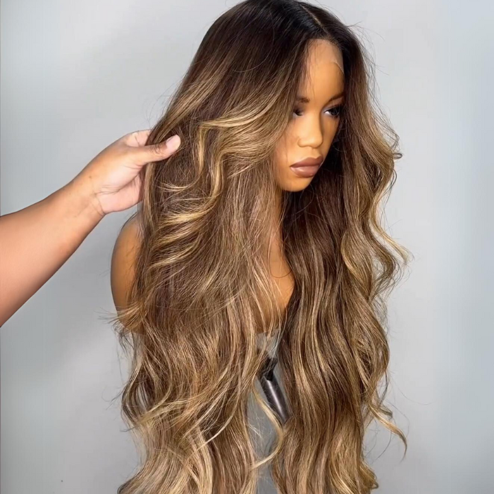 Highlight Blonde Color Long Wavy Human Hair Wigs Ombre Blonde Balayage Lace Front Wigs