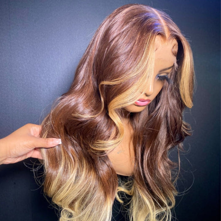 Skunk Stripe Brown With Blonde Body Wave Lace Front Wig Ombre Blonde Highlight Human Hair Wigs