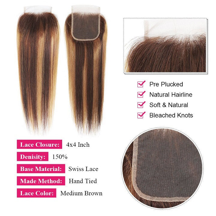 GeetaHair Highlight Brown Straight 3 Bundles With 4x4 Lace Closure Ombre Blonde 100% Real Human Hair Extensions