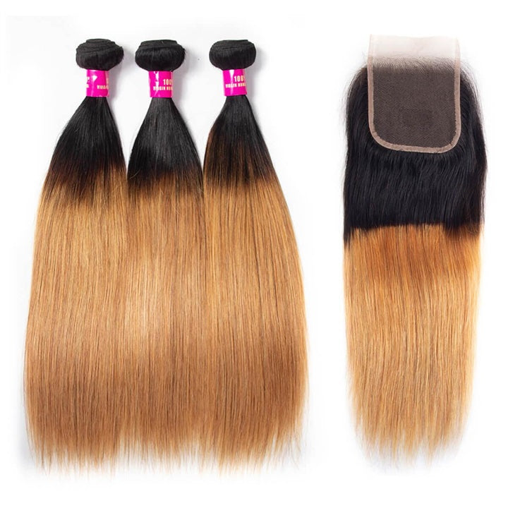 GeetaHair Ombre Blonde Straight/Body Wave 3 Bundles With 4x4 Lace Closure Unprocessed 100% Real Human Hair Extensions