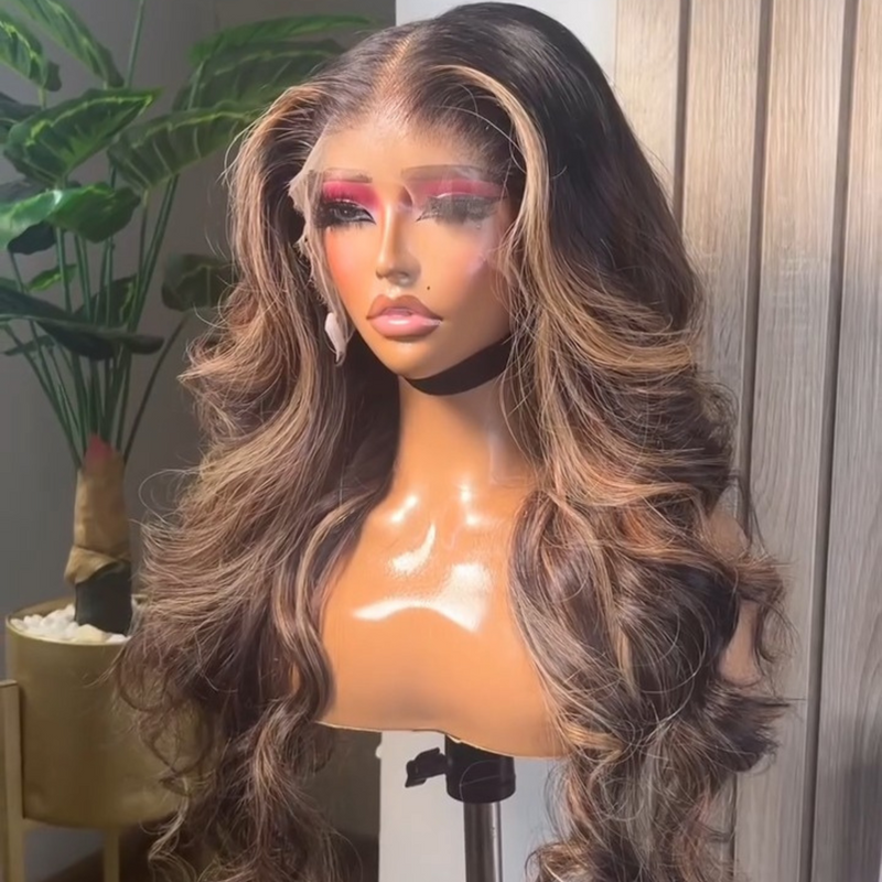 Ombre Brown Highlight 13x4 Body Wave Lace Front Human Hair Wigs Brown with Black Colored Wig Pre plucked