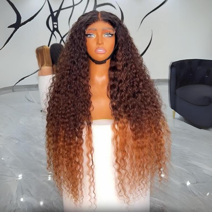 Ombre Brown Curly Lace Front Wigs Human Hair Pre Plucked Deep Curly Wave 13x4 HD Lace Frontal Wigs