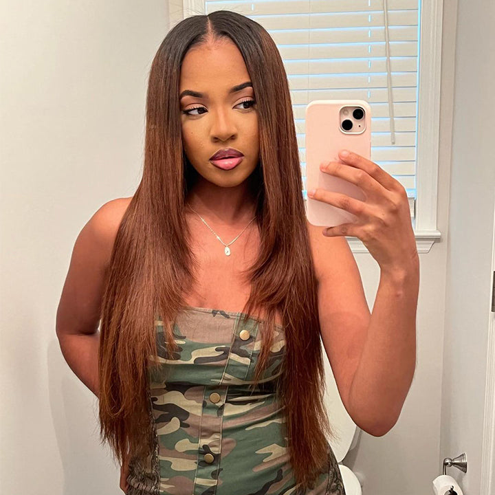 Ombre Brown Straight Layered Lace Front Wig 13x4/4x4 HD Lace Chocolate Brown Butterfly Haircut Human Hair Wigs-Geeta Hair