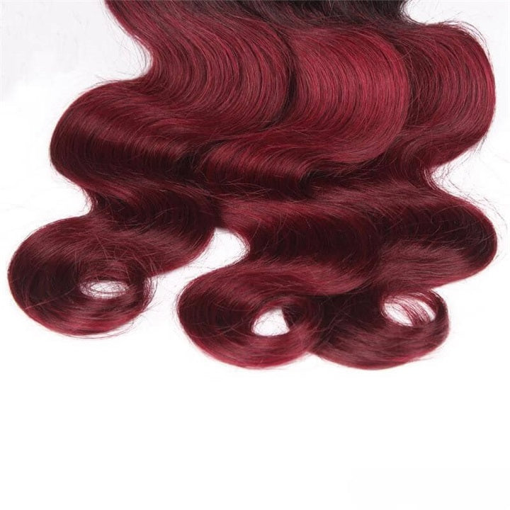 GeetaHair Ombre Burgundy Body Wave Human Hair 3 Bundles With 4x4 Lace Closure 1B99J 100% Human Hair Extension Weaves