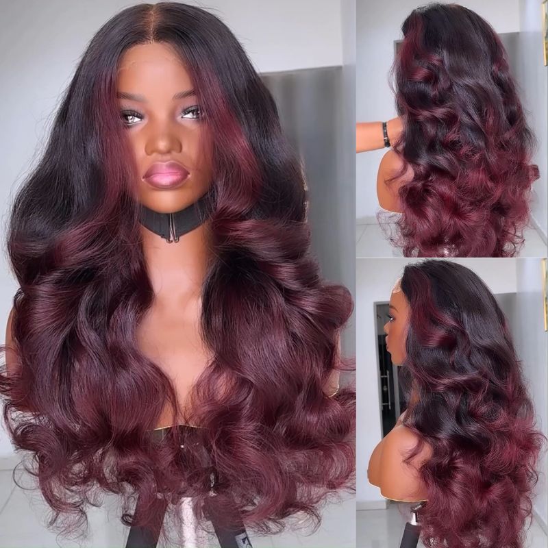 Ombre Burgundy Lace Front Wig Body Wave 13x4 99J Colored Glueless Wigs Pre Plecked -Geeta Hair