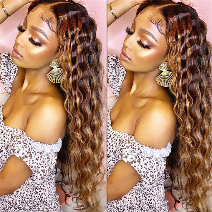 Ombre Highlight Lace Front Wig Human Hair 13x4 Glueless Deep Wave HD Lace Wigs Pre Plucked