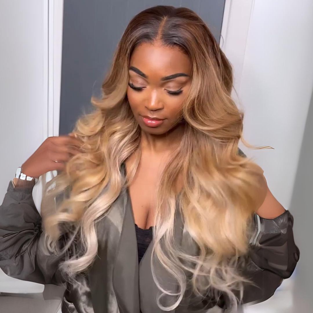 Ombre Honey Blonde Human Hair Wigs Natural Wavy 13x4 Lace Front Wig 180% Density Pre Plucked Honey Blonde Body Wave Wigs For Black Women
