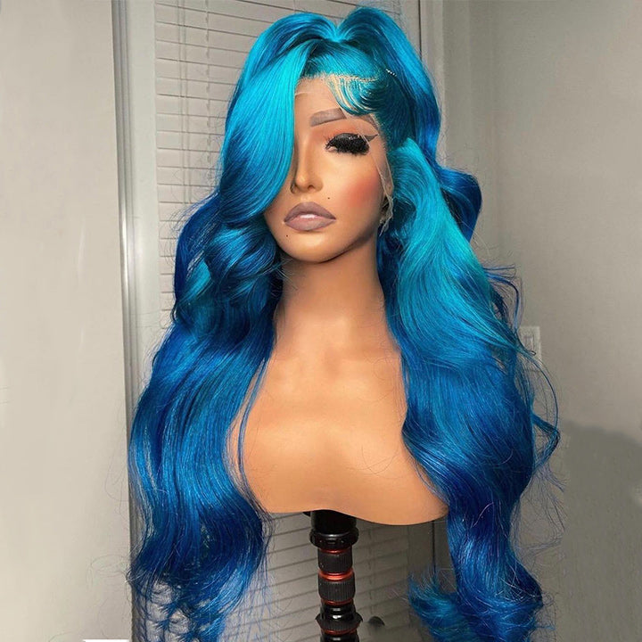 Ombre Lake Blue Body Wave HD Transparent Lace Wig Lake Blue Pre Plucked Human Hair Wigs