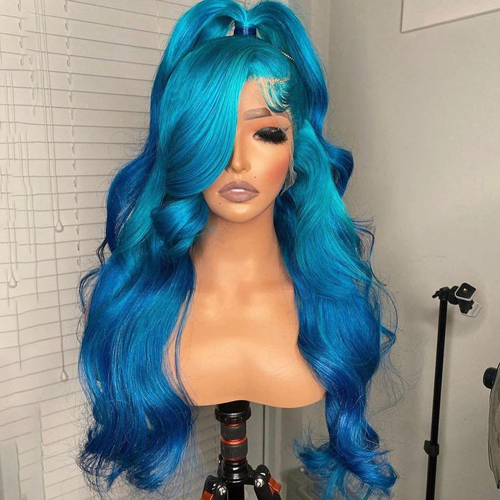 Ombre Lake Blue Body Wave HD Transparent Lace Wig Lake Blue Pre Plucked Human Hair Wigs