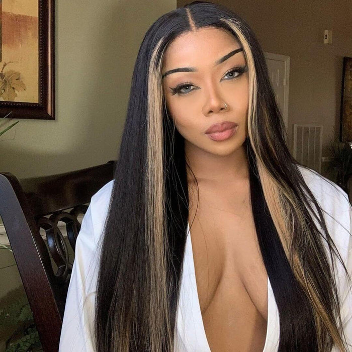 Highlight Ombre TL/27 Skunk Stripe Bone Straight Hair Wig 13x4 HD Lace Front Human Hair Wigs Pre Plucked Glueless Wig-Geeta Hair