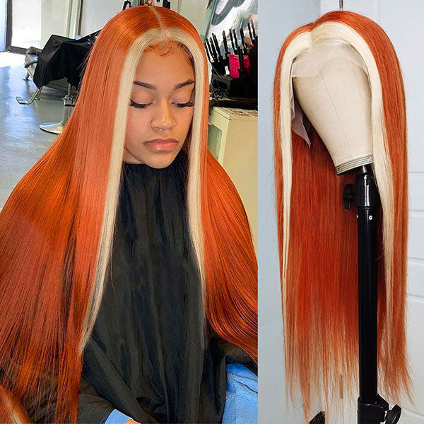 Ginger Color With #613 Blonde Streaks Skunk Stripe Wig Straight Hair Colored Wig Tranparent Lace Frontal 100% Virgin Human Hair Wig-Geeta Hair
