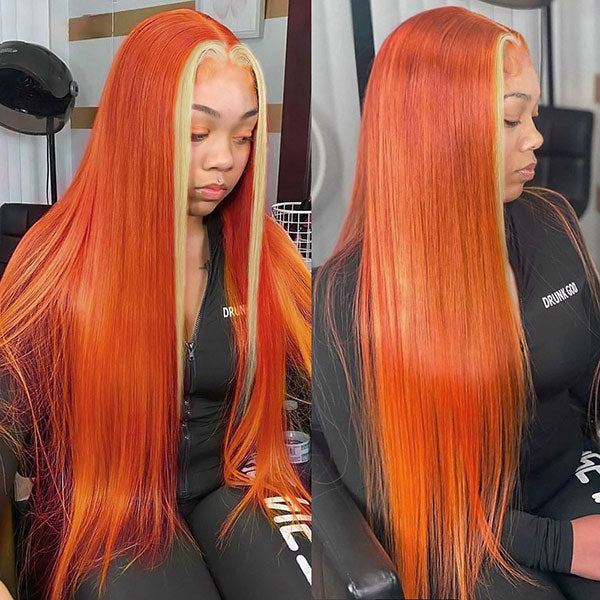 Ginger Color With #613 Blonde Streaks Skunk Stripe Wig Straight Hair Colored Wig Tranparent Lace Frontal 100% Virgin Human Hair Wig-Geeta Hair