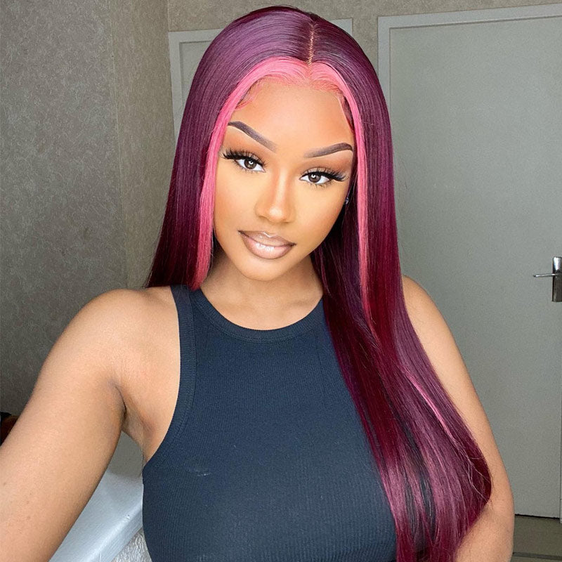 Stunk Stripe 13x4/4x4 HD Lace Wig 99J Burgundy Hair With Pink Streaks Highlight Straight Hair Lace Front Wig 100% Human Hair Lace Closure Wig-Geeta Hair
