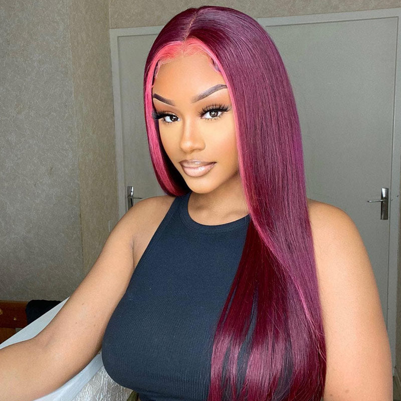 Stunk Stripe 13x4/4x4 HD Lace Wig 99J Burgundy Hair With Pink Streaks Highlight Straight Hair Lace Front Wig 100% Human Hair Lace Closure Wig-Geeta Hair
