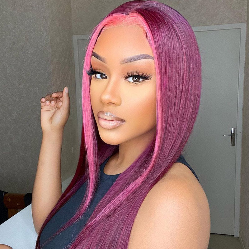 Stunk Stripe 13x4/4x4 HD Lace Wig 99J Burgundy Hair With Pink Streaks Highlight Straight Hair Lace Front Wig 100% Human Hair Lace Closure Wig-Geeta Hair