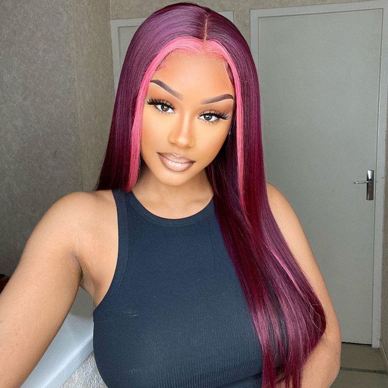 Stunk Stripe 13x4/4x4 HD Lace Wig 99J Burgundy Hair With Pink Streaks Highlight Straight Hair Lace Front Wig 100% Human Hair Lace Closure Wig-Geeta Hair