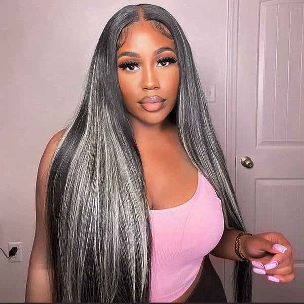 Platinum Gray Highlight 13x4 HD Lace Wig Straight Hair Black With Blond Highlights Lace Front Wig Plucked Natural Hairline With Baby Hair-Geeta Hair