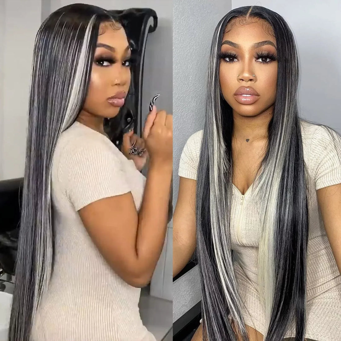 Platinum Gray Highlight 13x4 HD Lace Wig Straight Hair Black With Blond Highlights Lace Front Wig Plucked Natural Hairline With Baby Hair-Geeta Hair