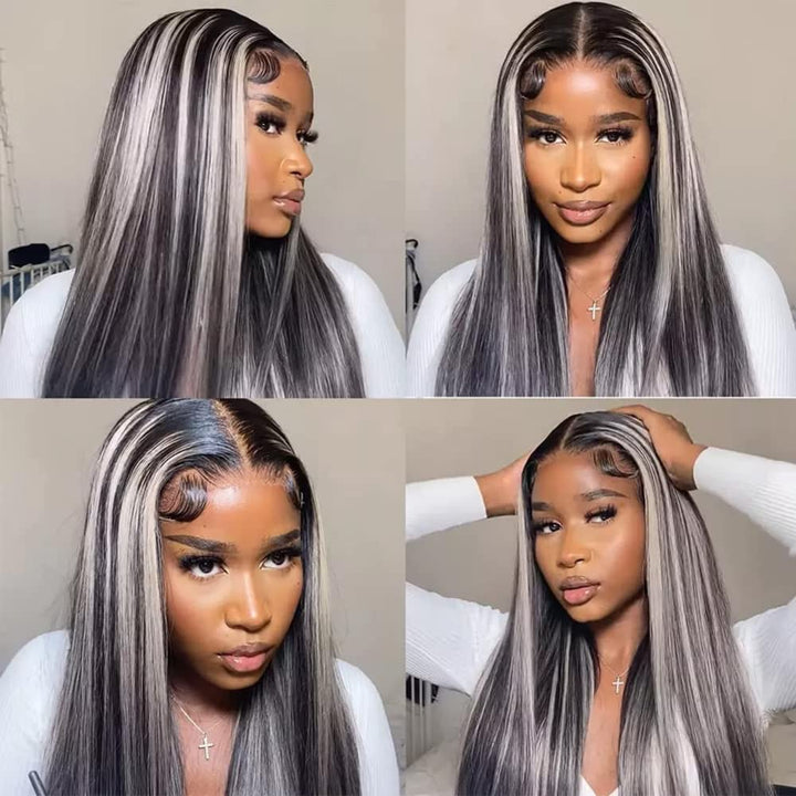 Platinum Gray Highlight 13x4 HD Lace Wig Straight Hair Black With Blond Highlights Lace Front Wig Plucked Natural Hairline With Baby Hair-Geeta Hair