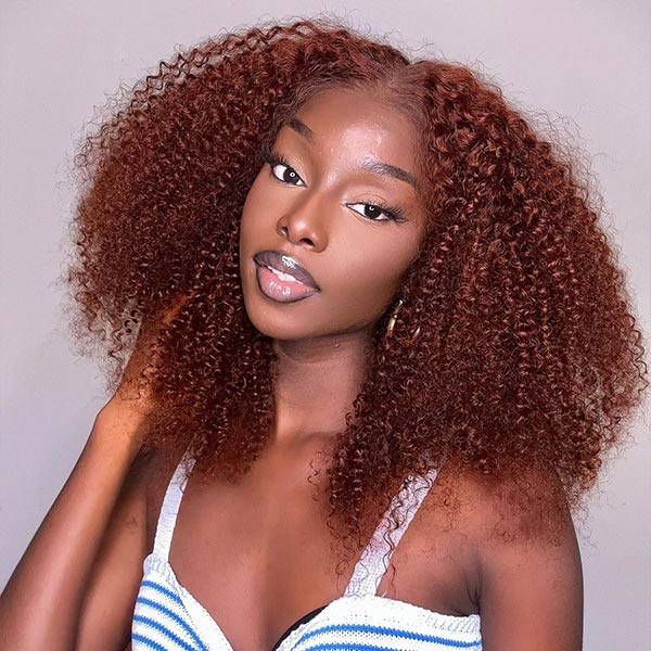 Pre Bleached Reddish Brown Afro Kinky Curly Lace Front Wigs Pre Blucked Glueless Wig 180% Density