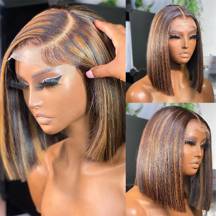 Pre Bleached Knots Highlight Bob Wig Human Hair Straight 13x4 Lace Frontal Wig 180% Density Pre Plucked