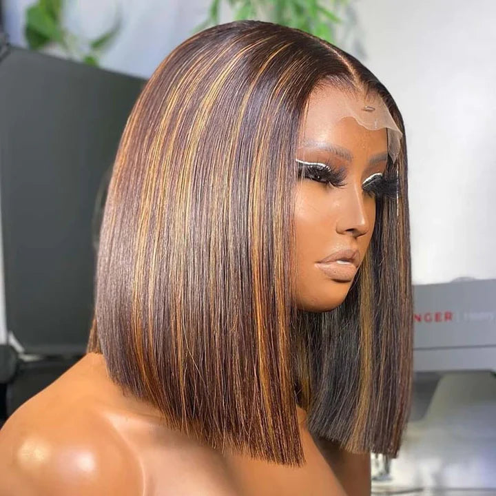 Pre Bleached Knots Highlight Bob Wig Human Hair Straight 13x4 Lace Frontal Wig 180% Density Pre Plucked