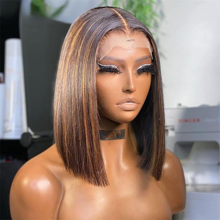 Pre Bleached Knots Highlight Bob Wig Human Hair Straight 13x4 Lace Frontal Wig 180% Density Pre Plucked