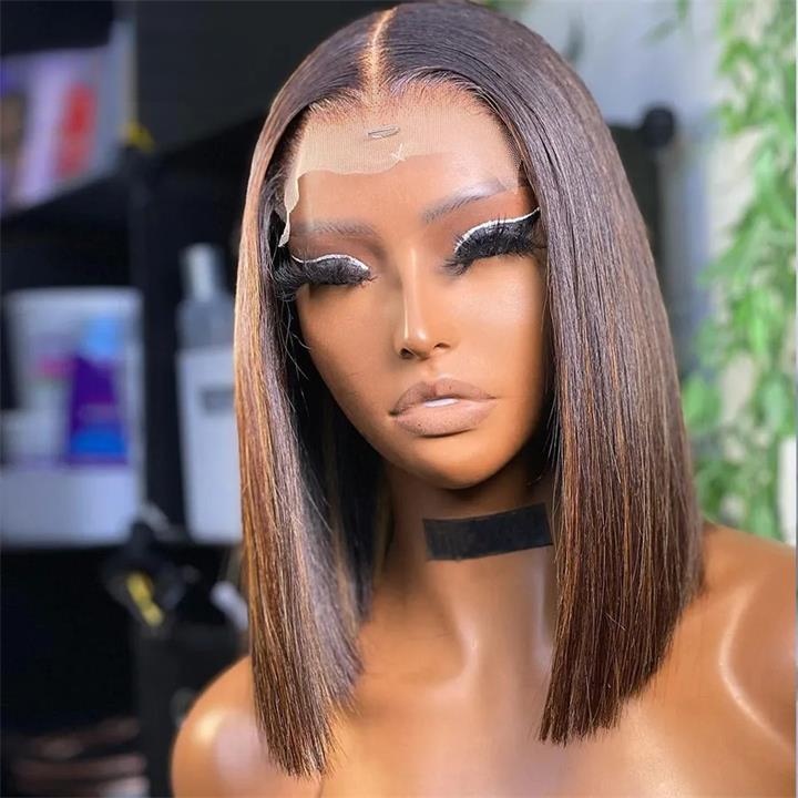 Pre Bleached Knots Highlight Bob Wig Human Hair Straight 13x4 Lace Frontal Wig 180% Density Pre Plucked