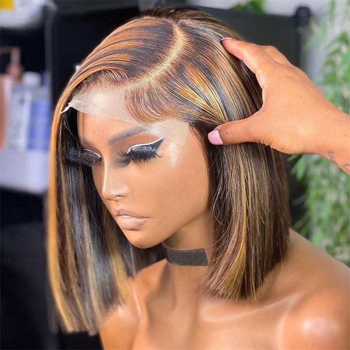 Pre Bleached Knots Highlight Bob Wig Human Hair Straight 13x4 Lace Frontal Wig 180% Density Pre Plucked