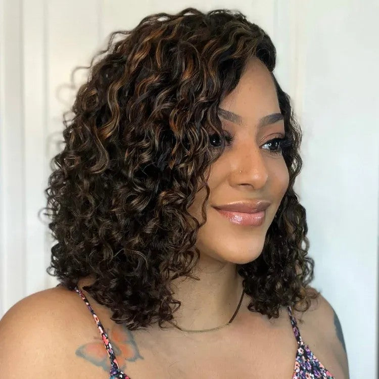 Pre Bleached Knots Highlight Curly Bob Wig Human Hair Pre Plucked C Shape Lace Wig 180% Density