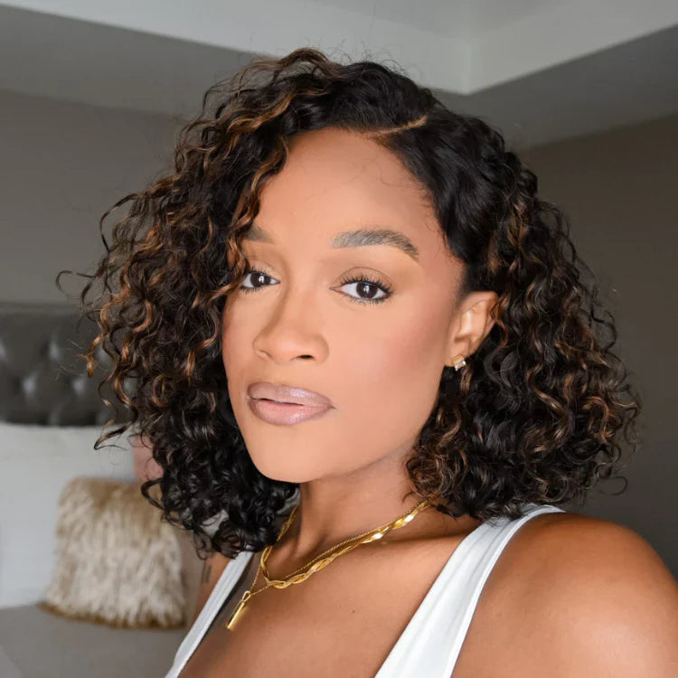 Pre Bleached Knots Highlight Curly Bob Wig Human Hair Pre Plucked C Shape Lace Wig 180% Density