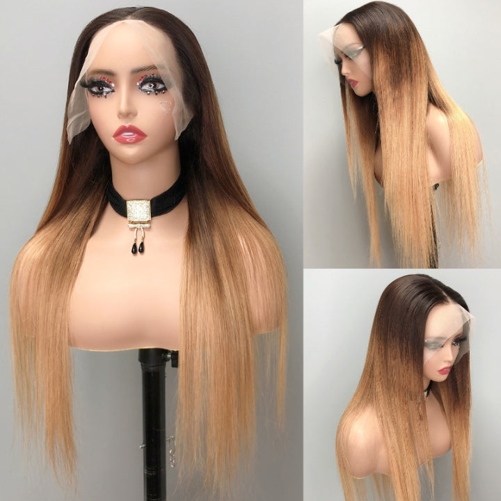 Pre Bleached Knots Ombre Straight T1B/4/27 Lace Front Wig 13x4 HD Lace Frontal Wigs 180% Density-Geeta hair