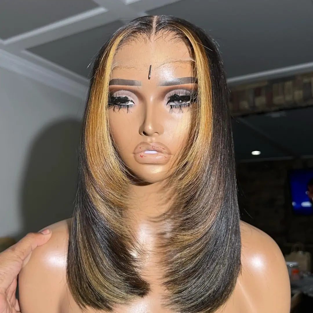 24 Hours Shipping Layer Cut Glueless Wigs Ombre Highlight Straight Bob Human Hair Wigs 13x4 Lace Front Wigs